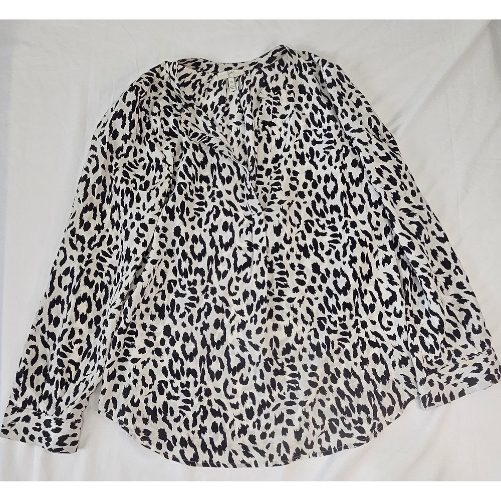 Joie Womens XS Silk Leopard Print Blouse Split Neck Long Sleeve Black White